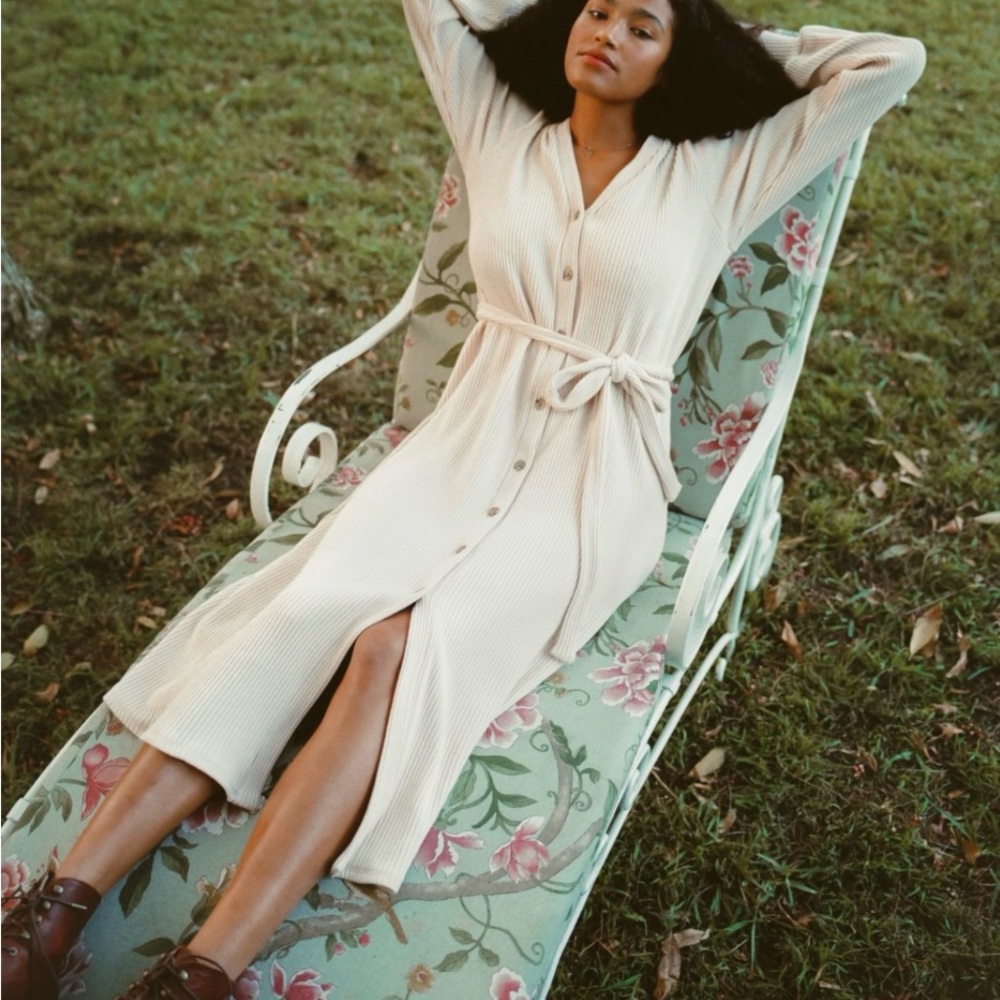 Christy Dawn The Oakley Dress in crème  Cream ivory Midi with Belt sweater knit